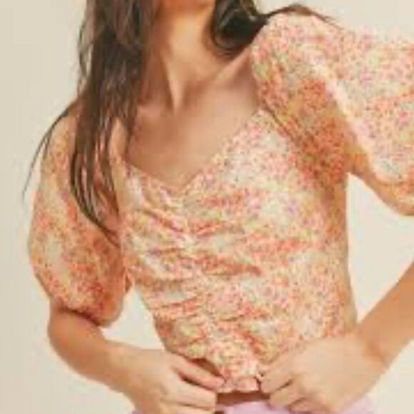 New! Billa Bong Peasant Croped Rushed Floral Print Orange Women’s Top Sz L - Picture 1 of 11